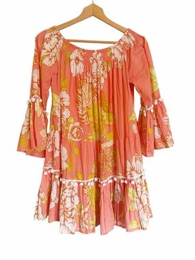 True Destinations Resortwear Boho Peasant Floral Babydoll Coverup Mini Dress L